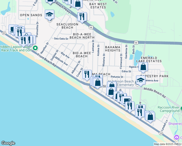 map of restaurants, bars, coffee shops, grocery stores, and more near 512 Lantana Street in Panama City Beach