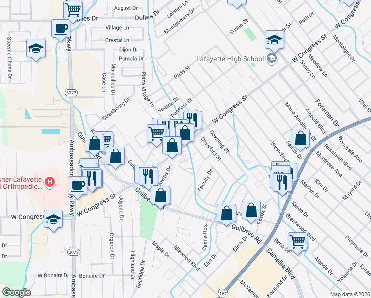 map of restaurants, bars, coffee shops, grocery stores, and more near 3823 West Congress Street in Lafayette