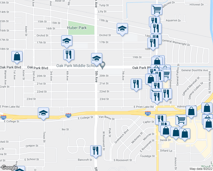 map of restaurants, bars, coffee shops, grocery stores, and more near 2232 21st St in Lake Charles