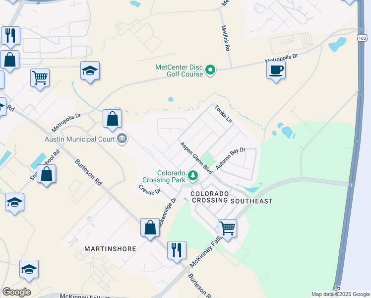 map of restaurants, bars, coffee shops, grocery stores, and more near 3724 Alpine Autumn Drive in Austin