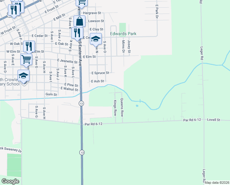map of restaurants, bars, coffee shops, grocery stores, and more near 100 Jacks Row in Crowley