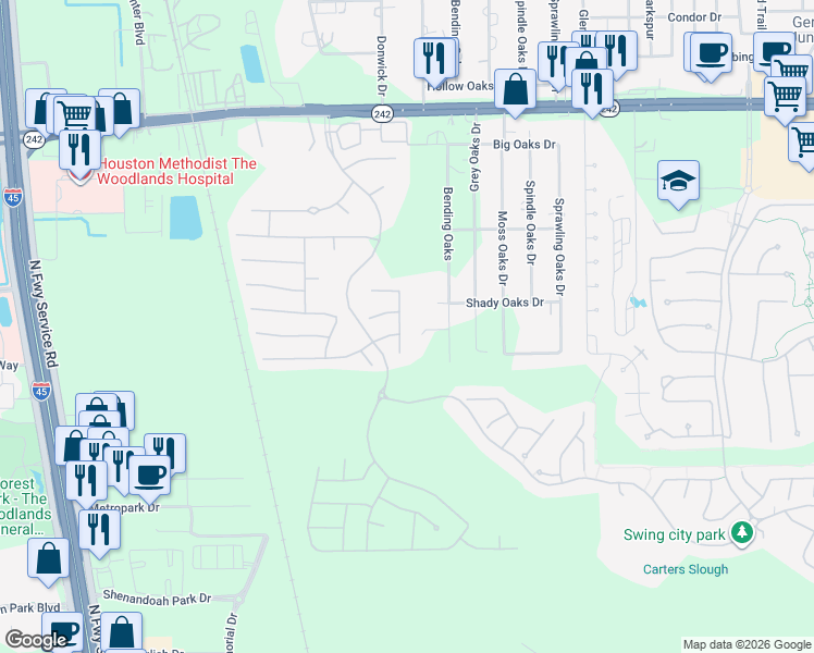 map of restaurants, bars, coffee shops, grocery stores, and more near 17235 Rookery Court in Conroe
