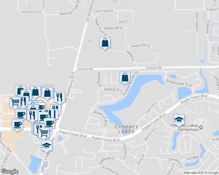 map of restaurants, bars, coffee shops, grocery stores, and more near 8405 Stelling Drive South in Jacksonville