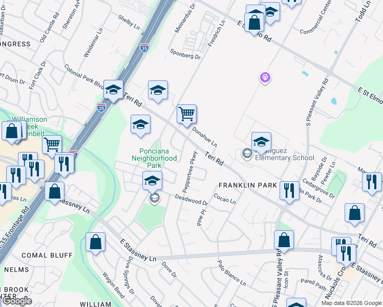 map of restaurants, bars, coffee shops, grocery stores, and more near 5006 Peppertree Parkway in Austin