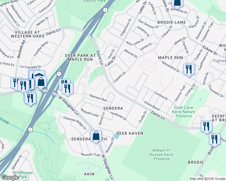 map of restaurants, bars, coffee shops, grocery stores, and more near 8833 Whiteworth Loop in Austin