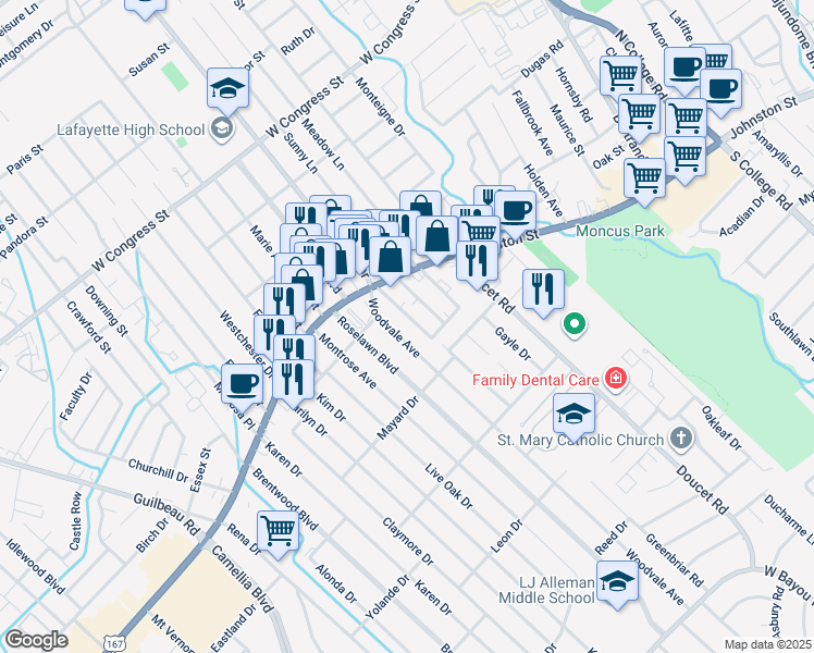 map of restaurants, bars, coffee shops, grocery stores, and more near 114 Camille Street in Lafayette