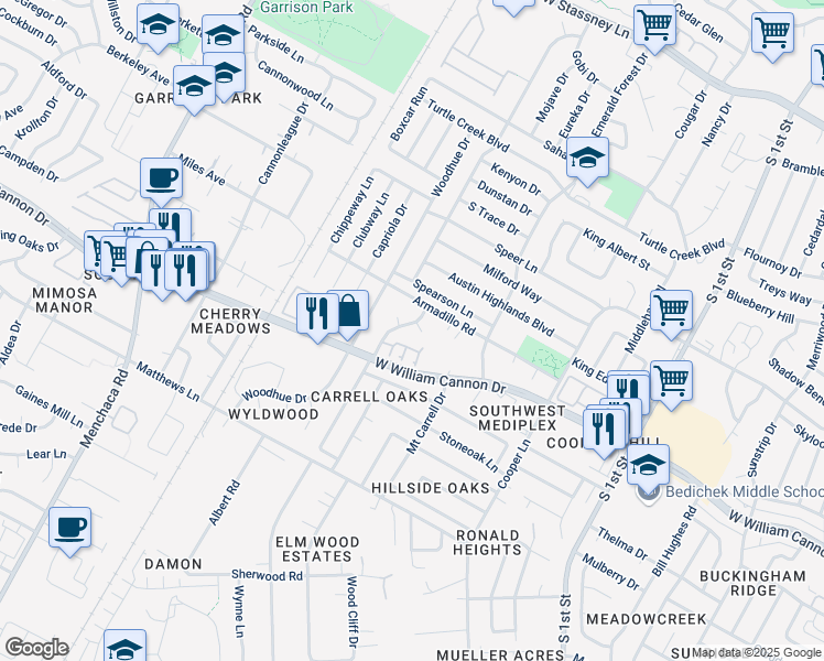 map of restaurants, bars, coffee shops, grocery stores, and more near in Austin