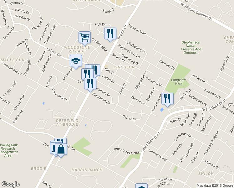 map of restaurants, bars, coffee shops, grocery stores, and more near 8100 Dunn Street in Austin