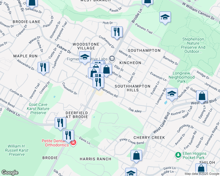 map of restaurants, bars, coffee shops, grocery stores, and more near 3404 Dunliegh Drive in Austin