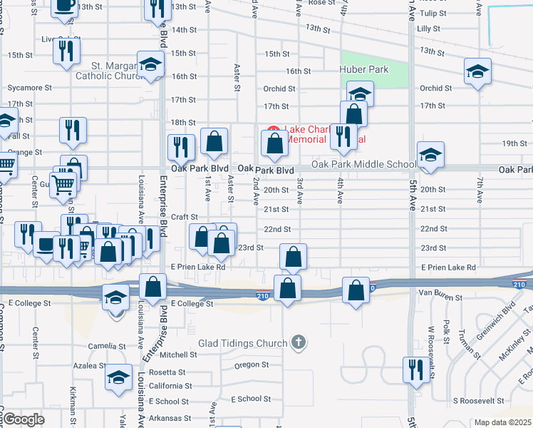 map of restaurants, bars, coffee shops, grocery stores, and more near 1608 21st St in Lake Charles