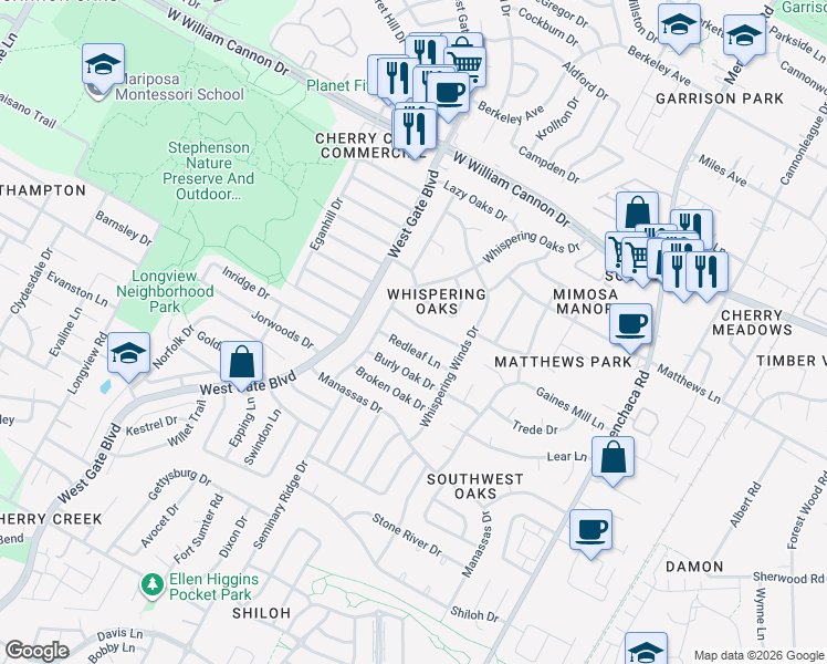 map of restaurants, bars, coffee shops, grocery stores, and more near 2603 Greenland Lane in Austin