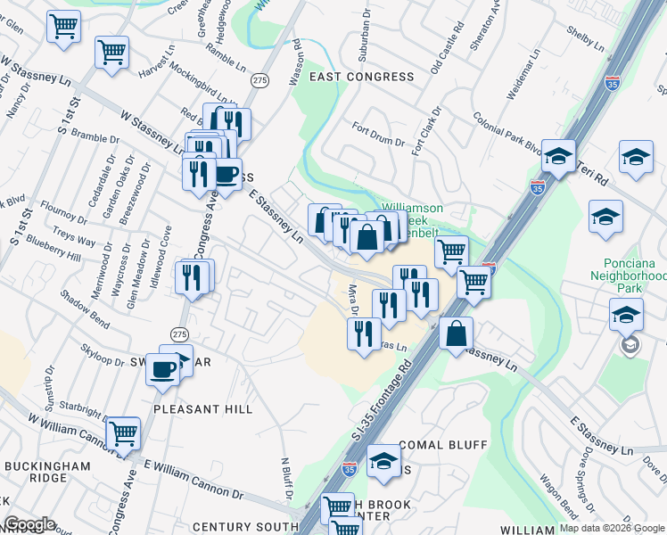 map of restaurants, bars, coffee shops, grocery stores, and more near 627 East Stassney Lane in Austin