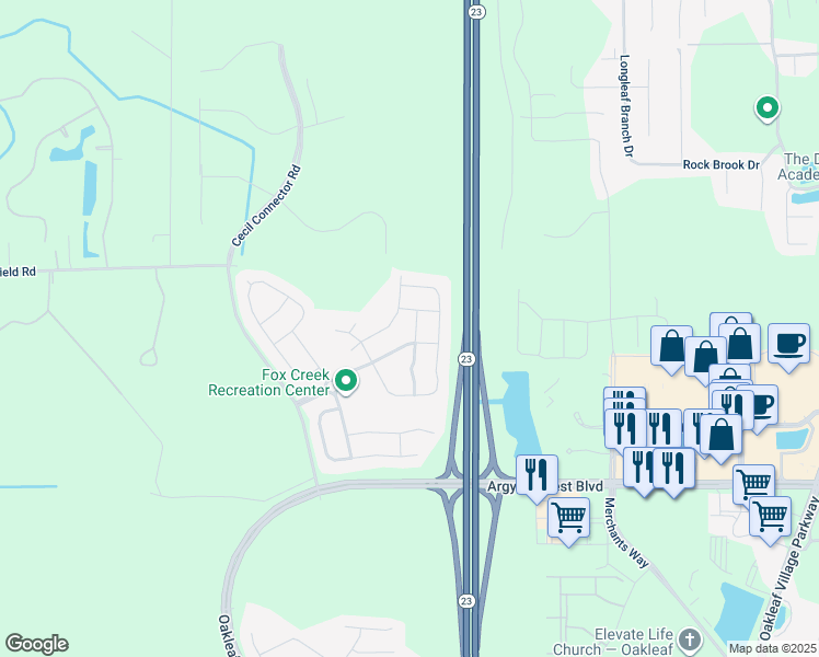 map of restaurants, bars, coffee shops, grocery stores, and more near 8076 Dancing Fox Street in Jacksonville
