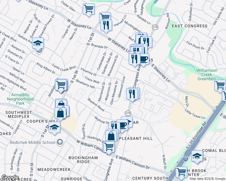 map of restaurants, bars, coffee shops, grocery stores, and more near 6102 Glen Meadow Drive in Austin