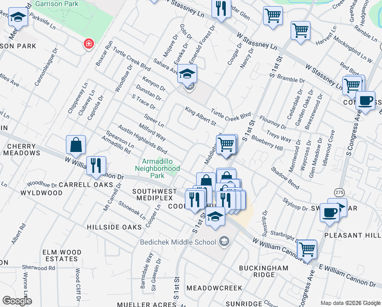 map of restaurants, bars, coffee shops, grocery stores, and more near 6409 Cooper Lane in Austin