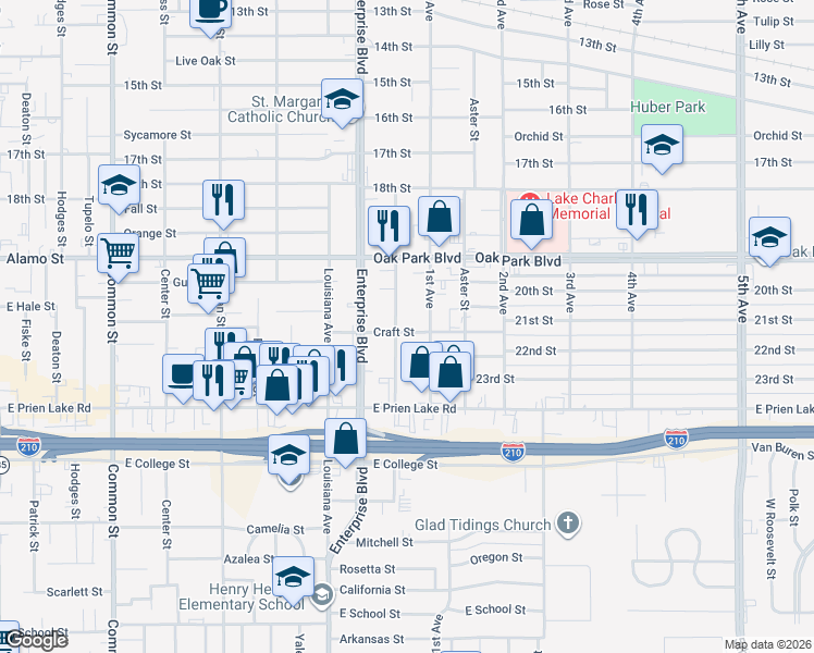 map of restaurants, bars, coffee shops, grocery stores, and more near 3015 Warren Avenue in Lake Charles