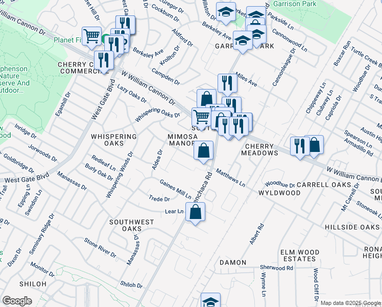 map of restaurants, bars, coffee shops, grocery stores, and more near 2102 Matthews Lane in Austin