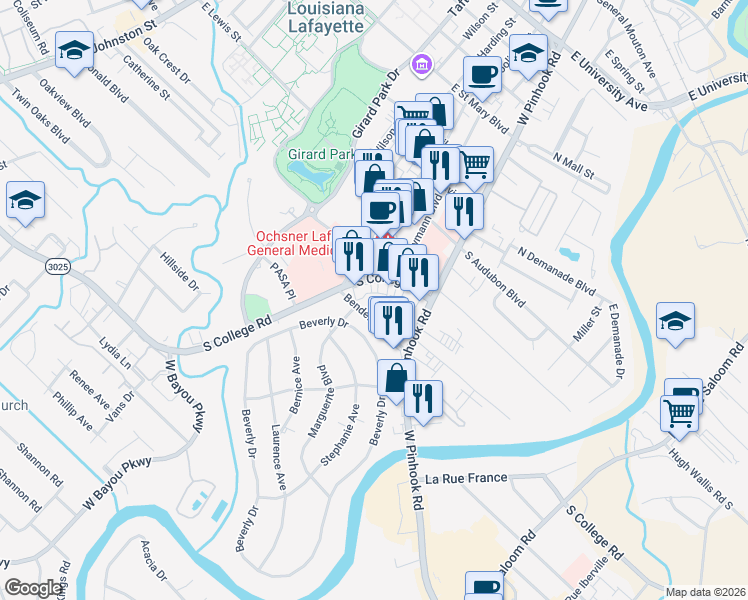 map of restaurants, bars, coffee shops, grocery stores, and more near 213 Bendel Road in Lafayette