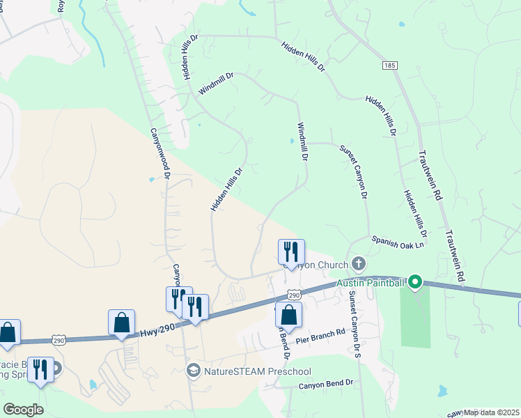 map of restaurants, bars, coffee shops, grocery stores, and more near 1012 Windmill Drive in Dripping Springs
