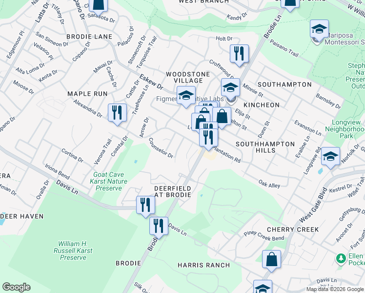 map of restaurants, bars, coffee shops, grocery stores, and more near 8307 Caspian Drive in Austin