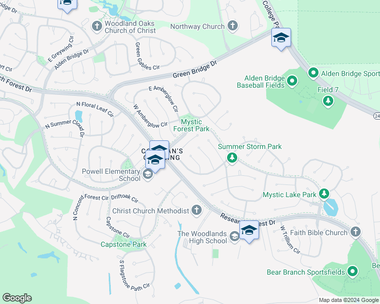 map of restaurants, bars, coffee shops, grocery stores, and more near 34 Sparklewood Place in Spring