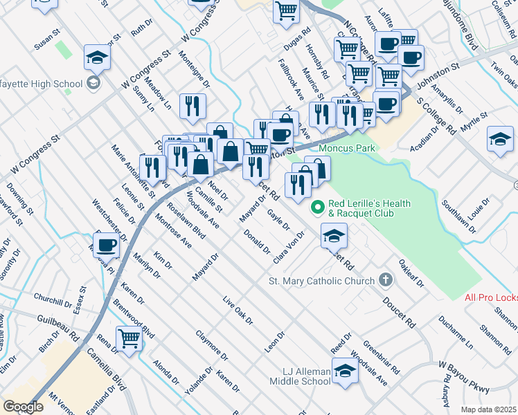map of restaurants, bars, coffee shops, grocery stores, and more near 123 Gayle Drive in Lafayette