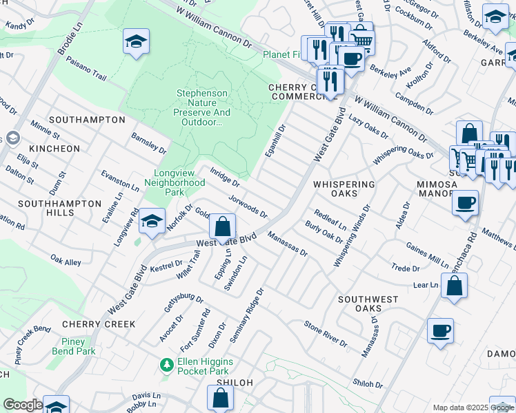 map of restaurants, bars, coffee shops, grocery stores, and more near 2710 Jorwoods Drive in Austin