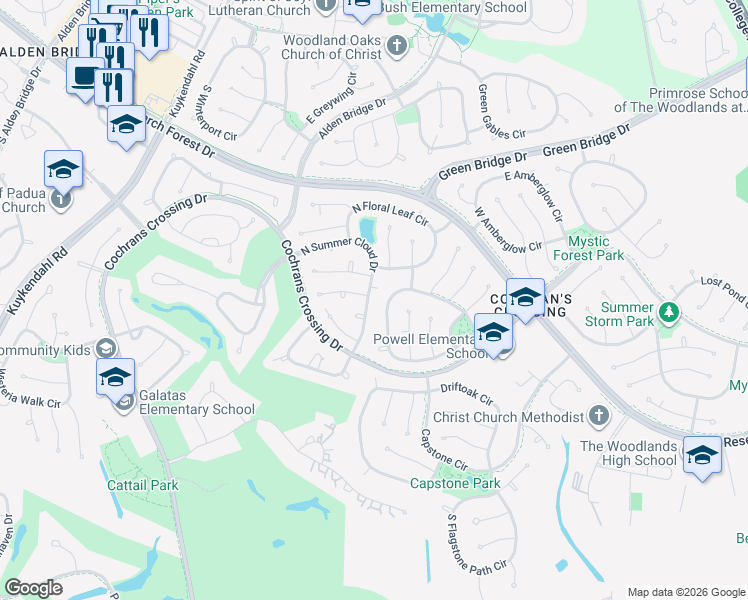 map of restaurants, bars, coffee shops, grocery stores, and more near 42 S Summer Cloud Dr in Spring
