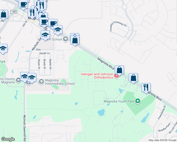 map of restaurants, bars, coffee shops, grocery stores, and more near 31902 Oak Crossing in Magnolia