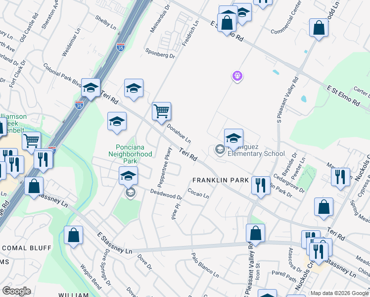 map of restaurants, bars, coffee shops, grocery stores, and more near 2219 Donahue Lane in Austin