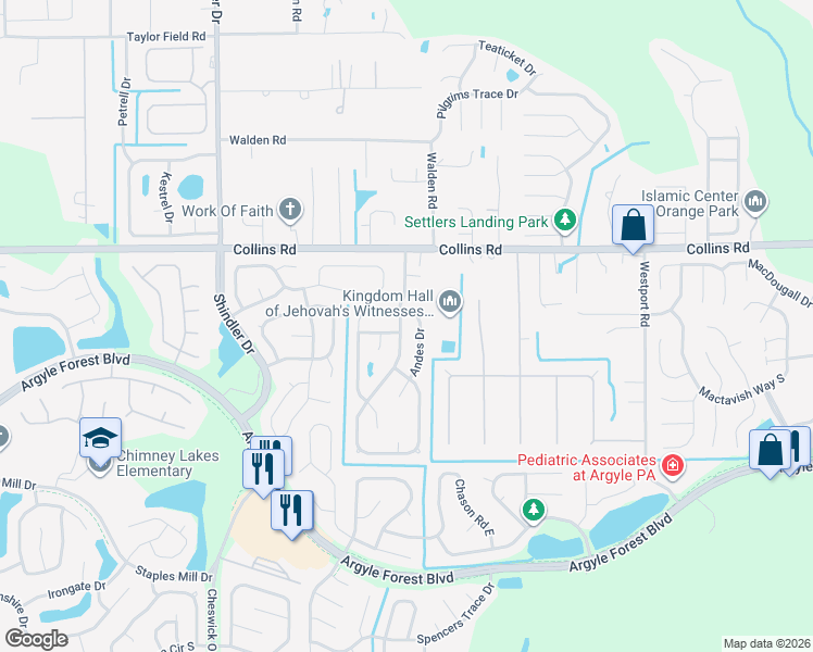 map of restaurants, bars, coffee shops, grocery stores, and more near 7725 Collins Ridge Blvd in Jacksonville