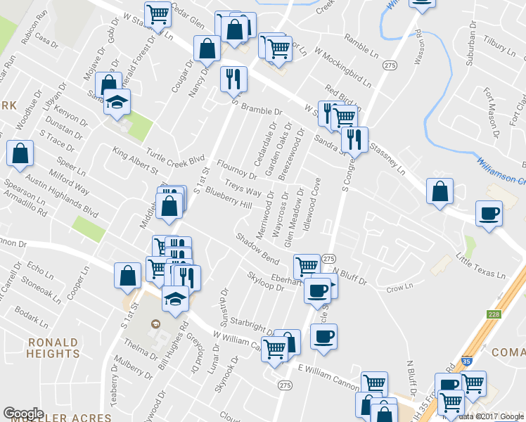 map of restaurants, bars, coffee shops, grocery stores, and more near 6102 Merriwood Drive in Austin