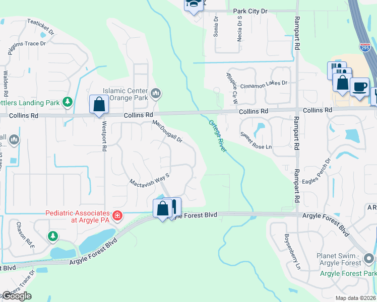 map of restaurants, bars, coffee shops, grocery stores, and more near 7752 MacDougall Drive in Jacksonville