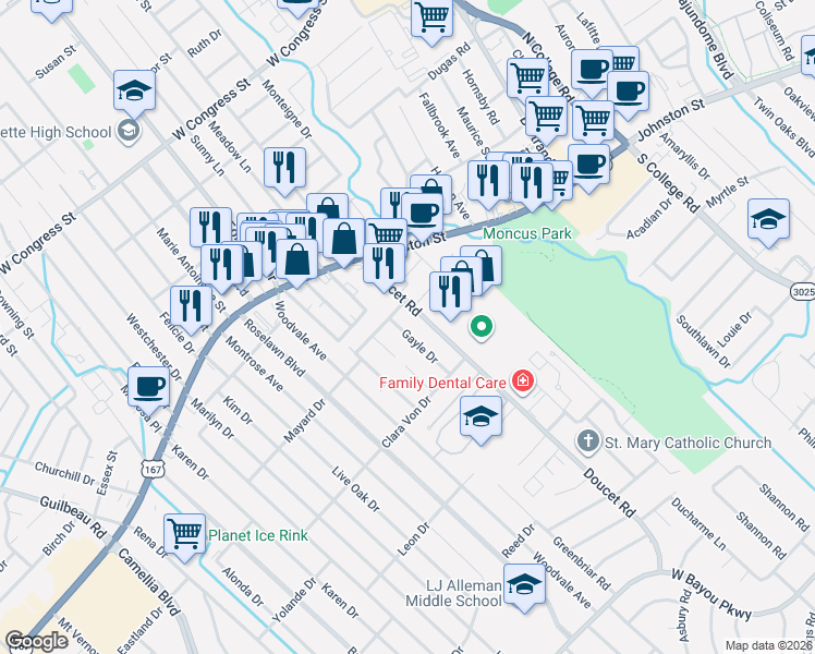 map of restaurants, bars, coffee shops, grocery stores, and more near 123 Gayle Dr in Lafayette