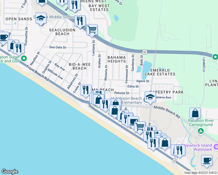 map of restaurants, bars, coffee shops, grocery stores, and more near 511 Camelia Street in Panama City Beach