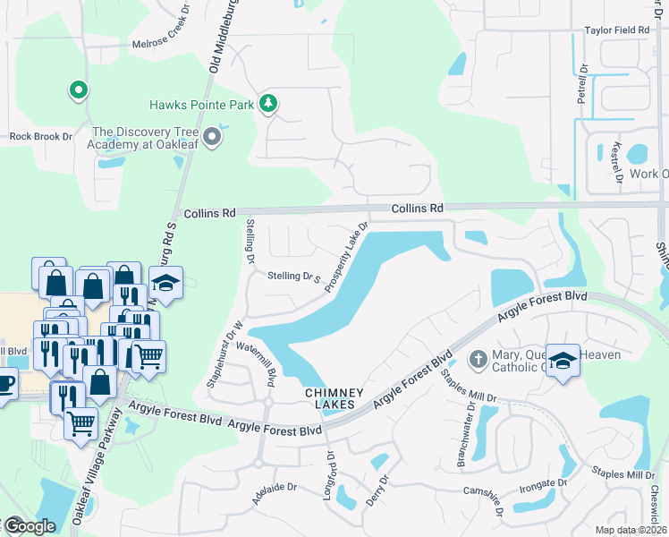 map of restaurants, bars, coffee shops, grocery stores, and more near 9302 Prosperity Lake Drive in Jacksonville