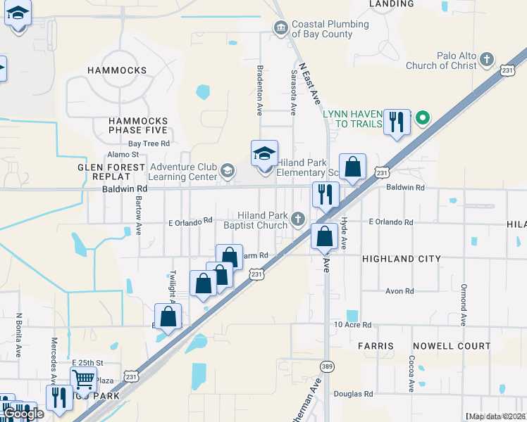 map of restaurants, bars, coffee shops, grocery stores, and more near 2910 Bradenton Avenue in Panama City