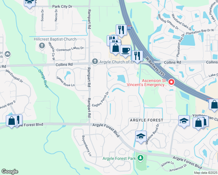 map of restaurants, bars, coffee shops, grocery stores, and more near 7156 Eagles Perch Drive in Jacksonville
