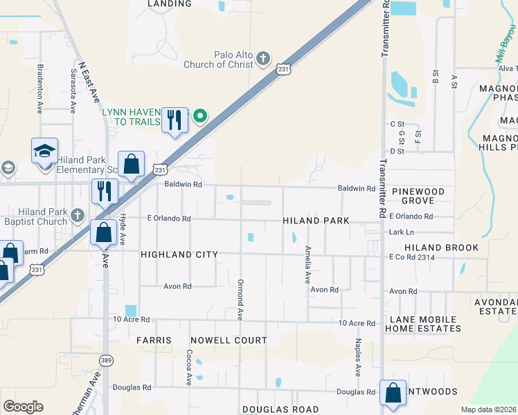 map of restaurants, bars, coffee shops, grocery stores, and more near 3116 Debra Boulevard in Panama City