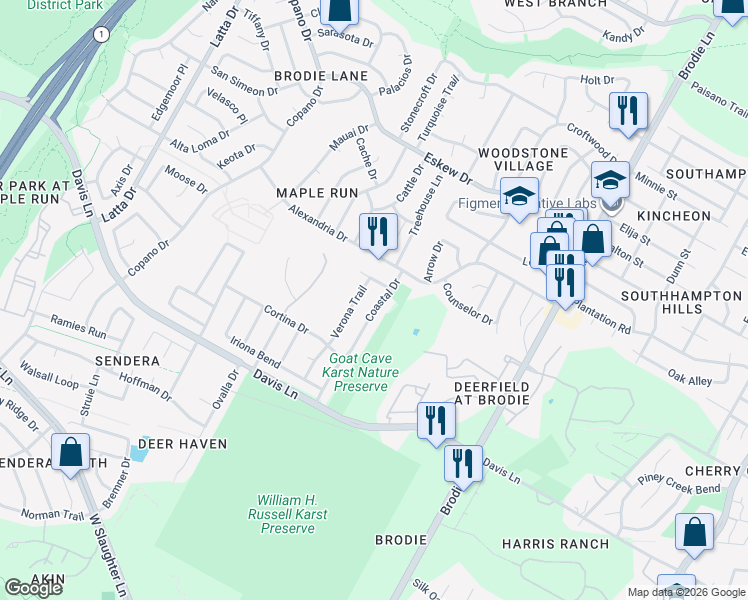 map of restaurants, bars, coffee shops, grocery stores, and more near 8606 Coastal Drive in Austin