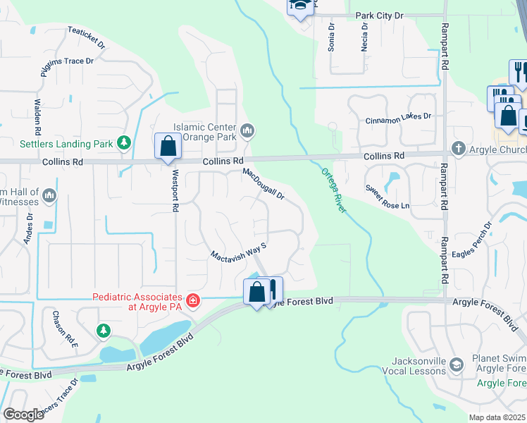 map of restaurants, bars, coffee shops, grocery stores, and more near 8024 Mactavish Way North in Jacksonville