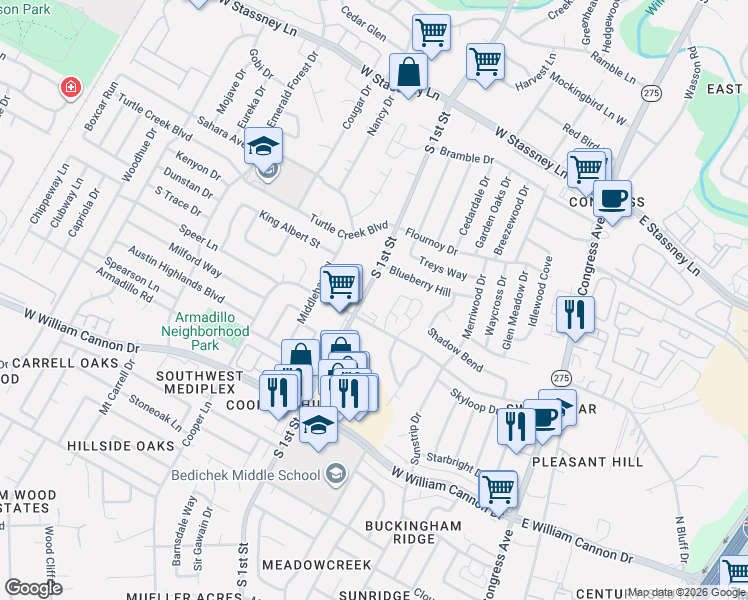 map of restaurants, bars, coffee shops, grocery stores, and more near 6311 South 1st Street in Austin