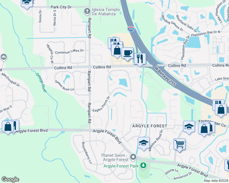 map of restaurants, bars, coffee shops, grocery stores, and more near 7077 Eagles Perch Drive in Jacksonville