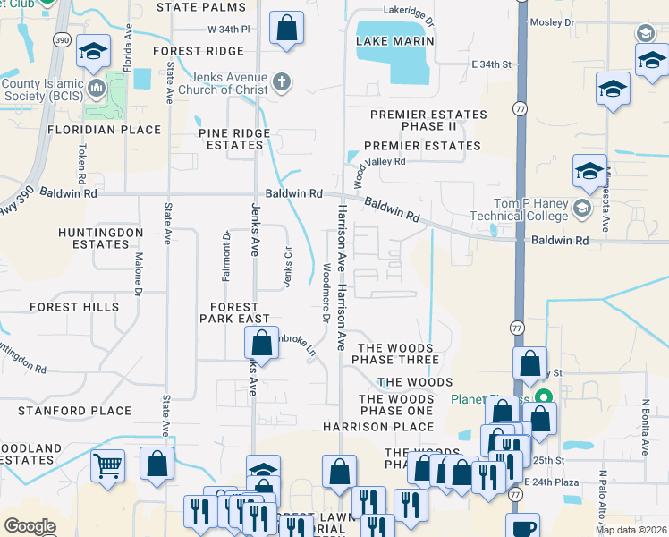 map of restaurants, bars, coffee shops, grocery stores, and more near 2807-2809 Woodmere Dr in Panama City