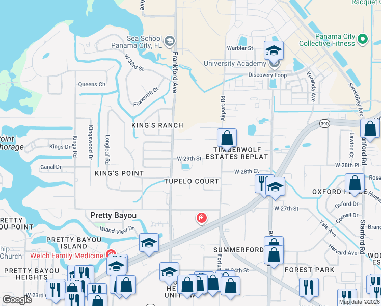 map of restaurants, bars, coffee shops, grocery stores, and more near 2004 West 29th Street in Panama City
