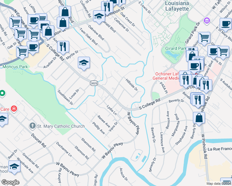 map of restaurants, bars, coffee shops, grocery stores, and more near 311 Lasserre Drive in Lafayette