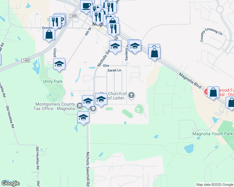 map of restaurants, bars, coffee shops, grocery stores, and more near 31411 Brady Street in Magnolia