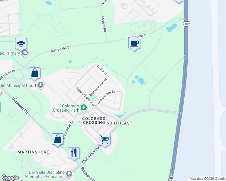 map of restaurants, bars, coffee shops, grocery stores, and more near 3404 Autumn Bay Drive in Austin