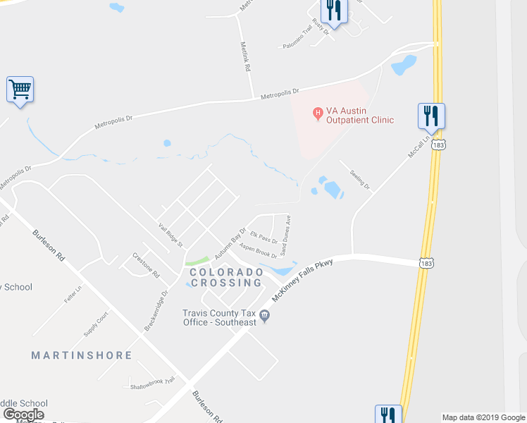 map of restaurants, bars, coffee shops, grocery stores, and more near 3404 Autumn Bay Drive in Austin