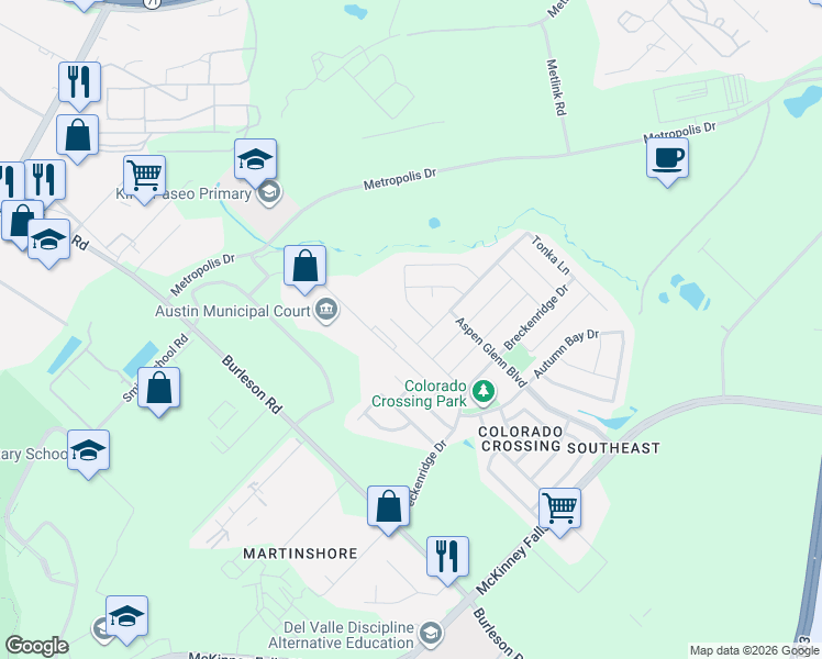 map of restaurants, bars, coffee shops, grocery stores, and more near 6900 Vail Ridge Street in Austin